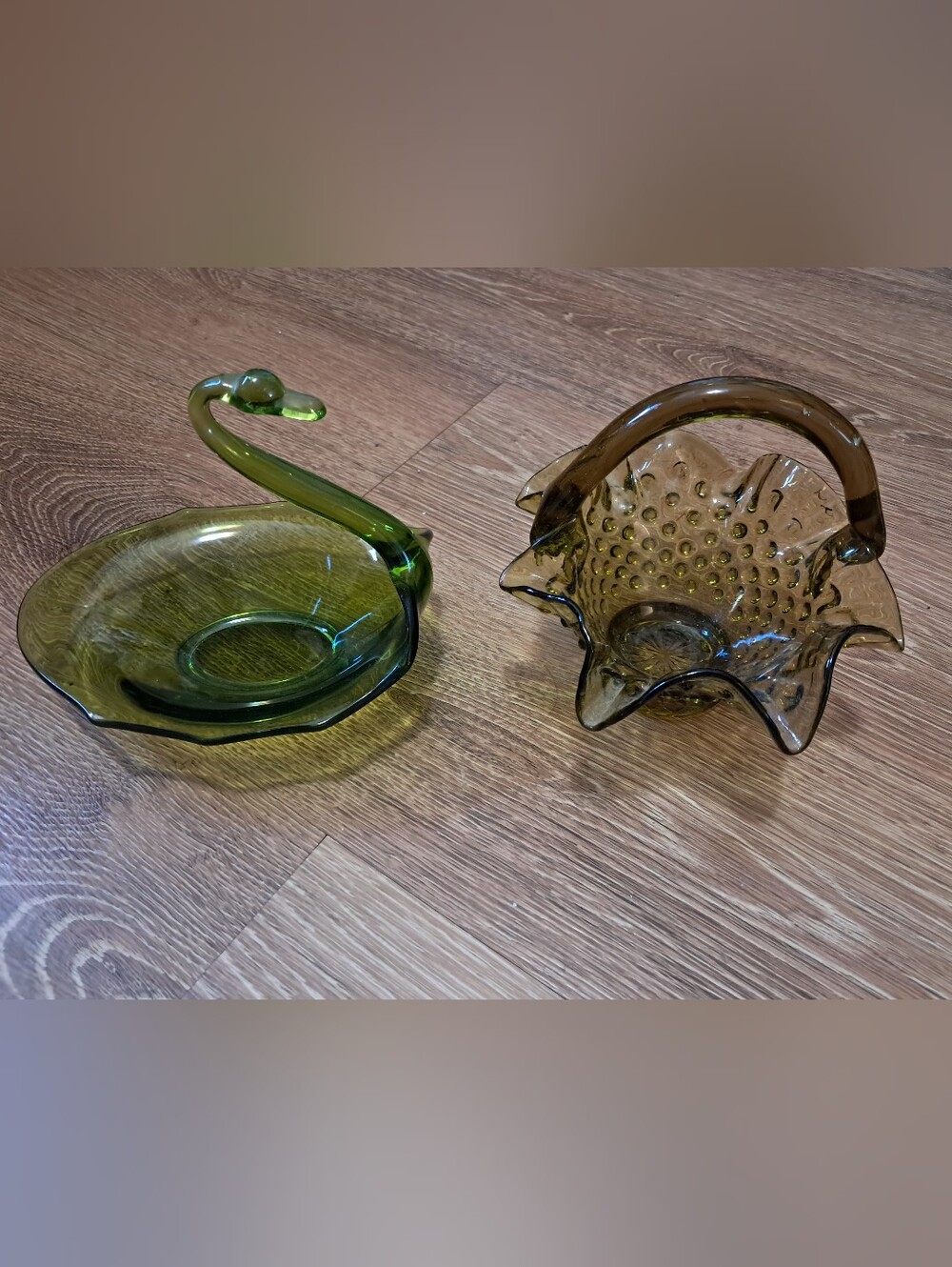 Vintage Green Blown Glass Bundle Viking Swan & Fenton Hobnail Basket